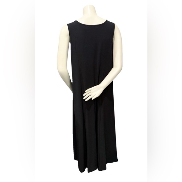 Susan Graver Black Liquid Knit Maxi Dress Gold Snap Side Slit LP Large Petite - Picture 3 of 9